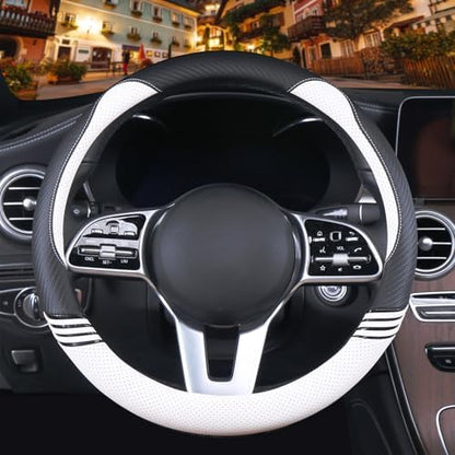 Small 14 inch Cute Leather Steering Wheel Cover Black and White - Image 2