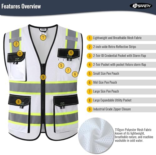 JKSafety Safety Vest for Men Women Hi Vis Reflective Vest JK220 White 2XL - Image 4