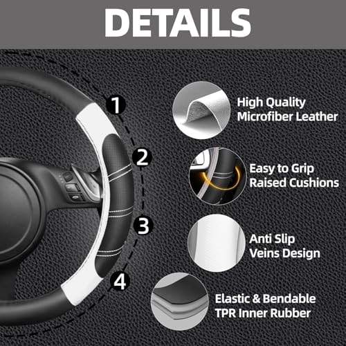 NBTEPEM 6 Pcs White Steering Wheel Cover Set, Sport Microfiber Leather Steering - Image 3