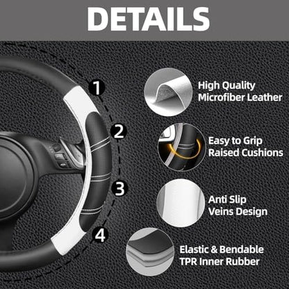 NBTEPEM 6 Pcs White Steering Wheel Cover Set, Sport Microfiber Leather Steering - Image 3