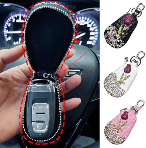 Mandark Bling Car Key Case, Genuine Leather Crystal Rhinestone Vehicle Key Fob - Image 6