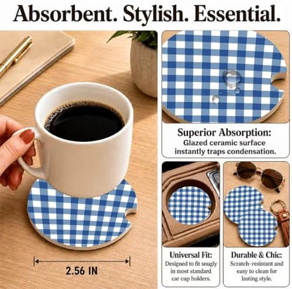 Blue Buffalo Plaid Car Coasters Set of 2, Coquette Preppy Cup Holders - Image 3