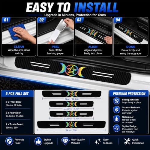 5PCS Pentacle Car Door Sill Protector, Carbon Fiber Leather Sill Stickers - Image 6