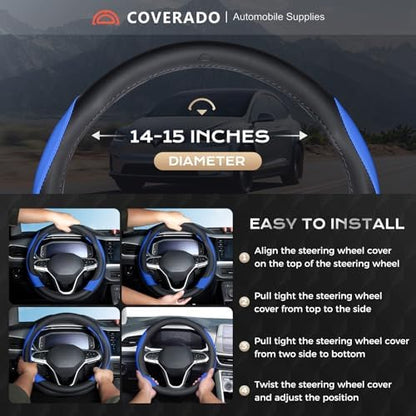 Coverado Car Steering Wheel Cover, Nappa Leather Black & Blue Steering Wheel - Image 5