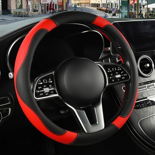 Black Red Breathable Microfiber Leather Steering Wheel Cover by Binsheo