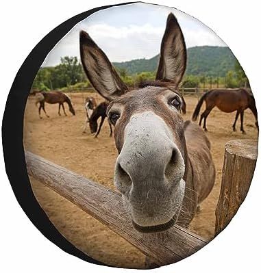 Funny Donkey Spare Tire Cover Animal Mule Cute Face Fence Farm Grass by MIYASANG