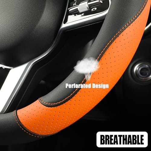 Black Orange Microfiber Leather Steering Wheel Cover 14 inch - Image 3