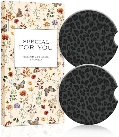 Swooflia Elegant Ceramic Car Coasters Classic Black Leopard Car Accessories by Swooflia