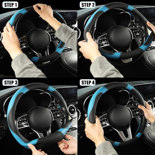 Black Blue Microfiber Leather Steering Wheel Cover 15 inch - Image 6