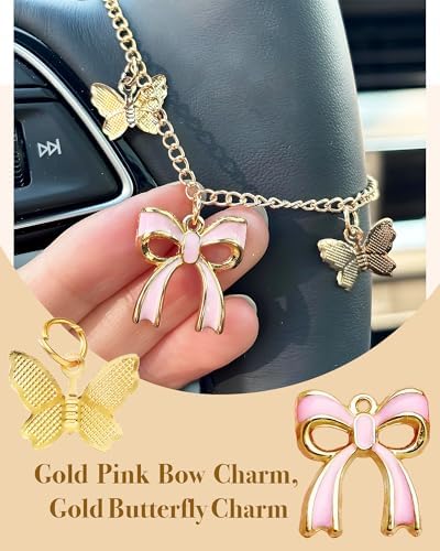 Steering Wheel Charm Accessory Pink Bow Butterfly Pendant Car Decor Rearview - Image 2