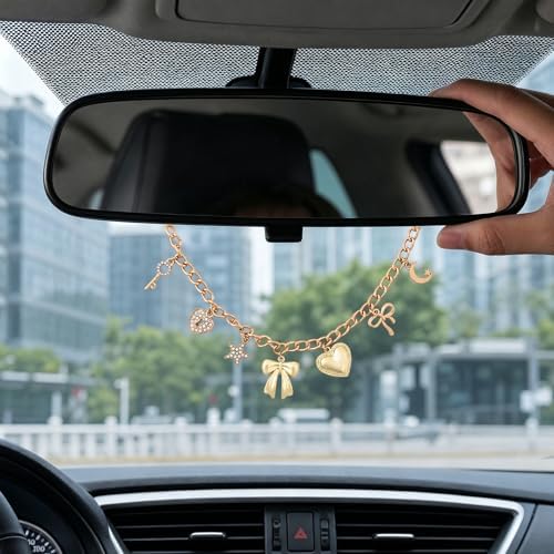 Gold Pendant Rearview Mirror Charm Boho Aesthetic Heart Bowknot - Image 5