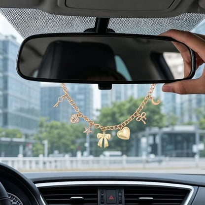 Gold Pendant Rearview Mirror Charm Boho Aesthetic Heart Bowknot - Image 5