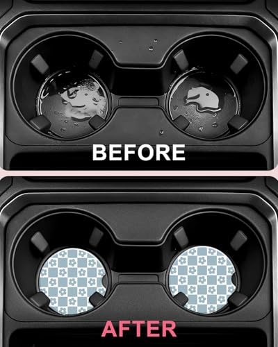 Swooflia Cute Girly Ceramic Car Coasters Blue Checkered Cup Holder Coasters - Image 4