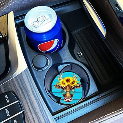 Car Coasters Pack of 2, Fun Sunflower Cow Design Absorb Condensation - Image 3