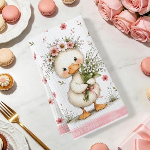 2 Pcs Cute Duck Kitchen Towels, Floral Soft Absorbent Hand Tea Towels - Image 2