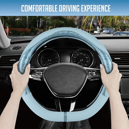 PIC AUTO Steering Wheel Cover, Light Blue Patterned Leather Patchwork Design - Image 5