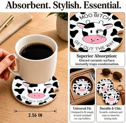 Funny Cow Car Coasters, Moo Get Out The Way Coquette Cup Holders - Image 3