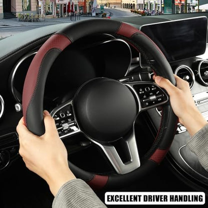 Black Burgundy Breathable Microfiber Leather Steering Wheel Cover - Image 5