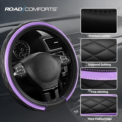 Road Comforts Leather Steering Wheel Cover – Black & Purple, Universal Fit - Image 5
