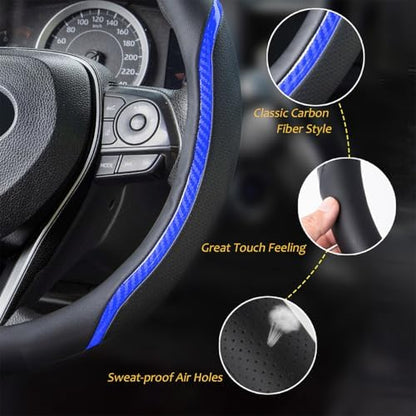 Steering Wheel Cover Blue and Black Leather Universal 14.5-15 inch - Image 3