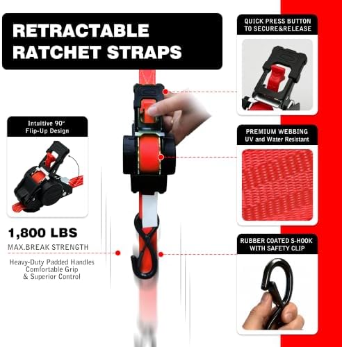 Retractable Ratchet Straps 1" x 13 Ft, 800 Lbs, 4 Pack - Image 2