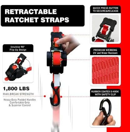 Retractable Ratchet Straps 1" x 13 Ft, 800 Lbs, 4 Pack - Image 2