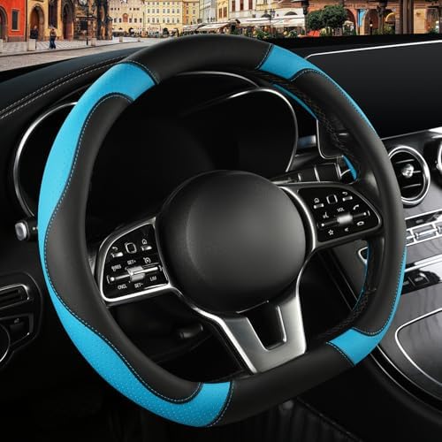 Black Blue Microfiber Leather D Shaped Steering Wheel Cover - Image 2