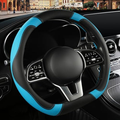 Black Blue Microfiber Leather D Shaped Steering Wheel Cover - Image 2