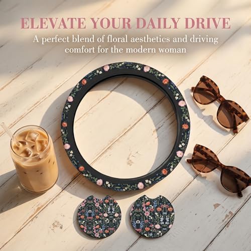 Wildflower Car Steering Wheel Cover 15 in, 2 Cute Floral Car Coasters - Image 2
