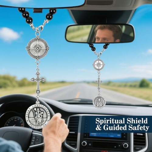 St. Christopher & Guardian Angel Car Rearview Mirror Charm, Car Rosary Keychain - Image 2