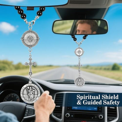 St. Christopher & Guardian Angel Car Rearview Mirror Charm, Car Rosary Keychain - Image 2