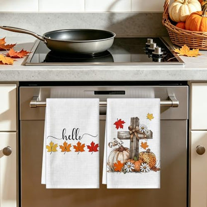 Fall Kitchen Towels Set of 2, Waffle Weave Hand Towels 16x26 Inch - Image 4