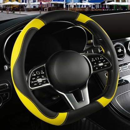 Black Yellow Microfiber Leather D Shaped Steering Wheel Cover - Image 2