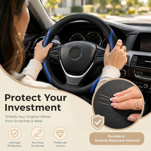 Steering Wheel Cover Blue and Black Leather Universal 14.5-15 inch - Image 5