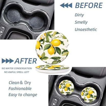 Cup Holder for Car, Lemons and White Flowers Ceramic Coasters Non-Slip Cup - Image 4
