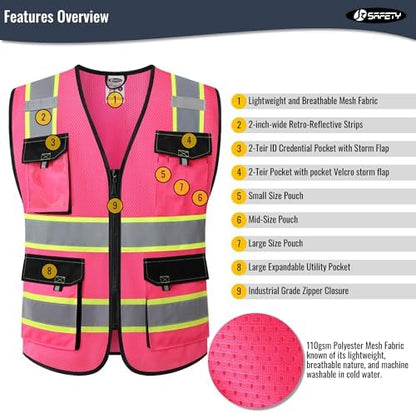 JKSafety Safety Vest for Men Women Hi Vis Reflective Vest JK220 Pink 5XL - Image 4