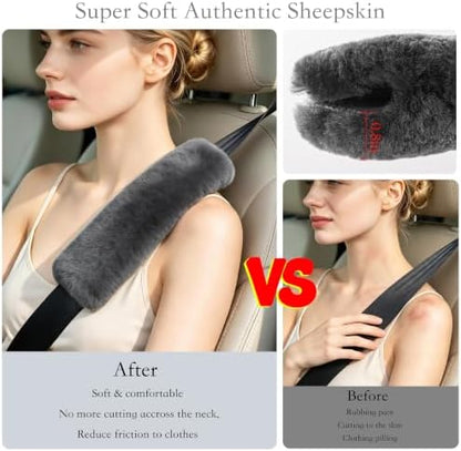 Amooca 2-Pack Real Wool Seatbelt Cover Authentic Sheepskin Shoulder Pad - Image 4