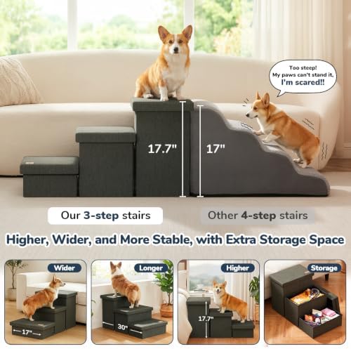 3-Step Wide Dog Stairs with Hidden Storage 18" H, Non-Slip Dog Steps - Image 3