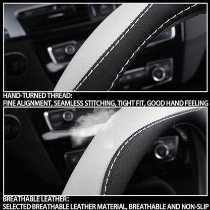 BESULEN 15 Inch Steering Wheel Cover Soft Leather Protector Black/White - Image 5