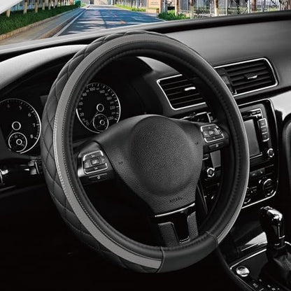 Road Comforts Leather Steering Wheel Cover – Black & Gray, Universal Fit by RoadComforts