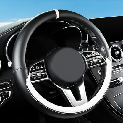 Black & White Nappa Leather Steering Wheel Cover, 14.5-15 inch Universal Car by ExquisiteCarAccessories