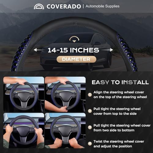 Coverado Car Steering Wheel Cover, Nappa Leather Black & Blueline Steering - Image 5
