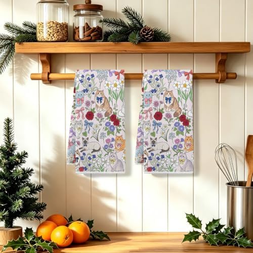 ZHAMEN 2 Pcs Cute Cat Kitchen Towel, Floral Soft Absorbent Hand Tea Towel - Image 5