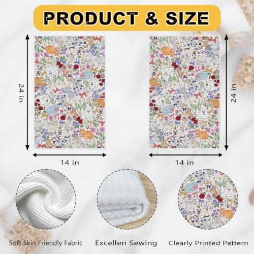 ZHAMEN 2 Pcs Cute Cat Kitchen Towel, Floral Soft Absorbent Hand Tea Towel - Image 3