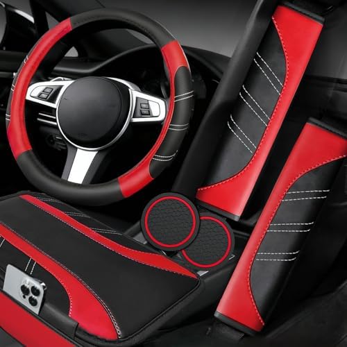 NBTEPEM 6 Pcs Red Steering Wheel Cover Set, Sport Microfiber Leather Steering by NBTEPEM