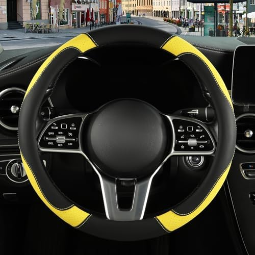 Black Yellow Breathable Microfiber Leather Steering Wheel Cover - Image 2