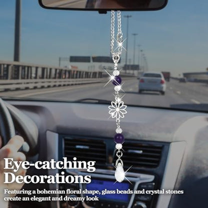 Hovom Flower Car Charm for Rear View Mirror, Cute Crystal Rearview Mirror - Image 3