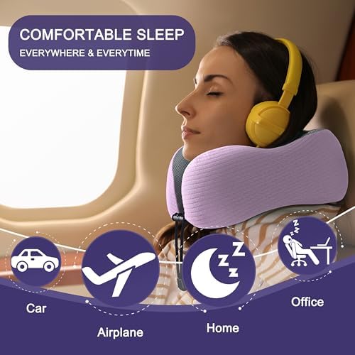 napfun Neck Pillow for Travel, Memory Foam Airplane Pillow, Light Purple - Image 6