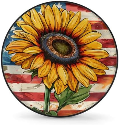 Spare Tire Cover for RV Trailer, American Flag Sunflowers Flower Waterproof Sun by cfpolar