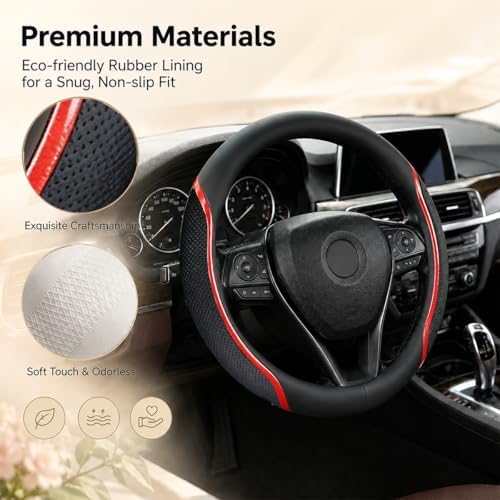 Steering Wheel Cover Black and Red Leather Universal 14.5-15 inch - Image 5
